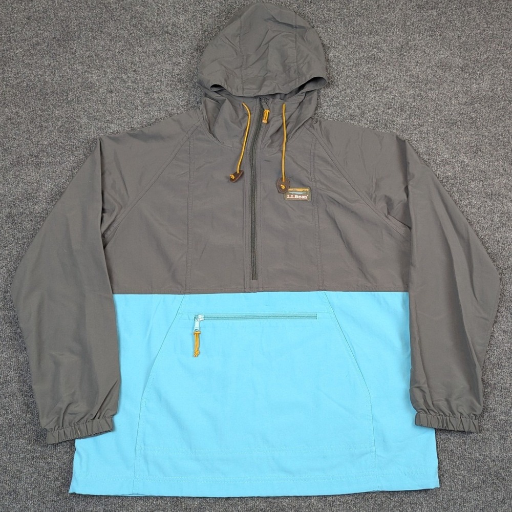 LL Bean Mountain Classic Anorak Jacket Gray Blue Nylon Half Zip Hooded Large REG